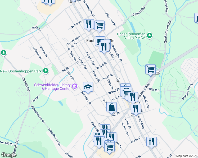 map of restaurants, bars, coffee shops, grocery stores, and more near 105 Cherry Street in East Greenville
