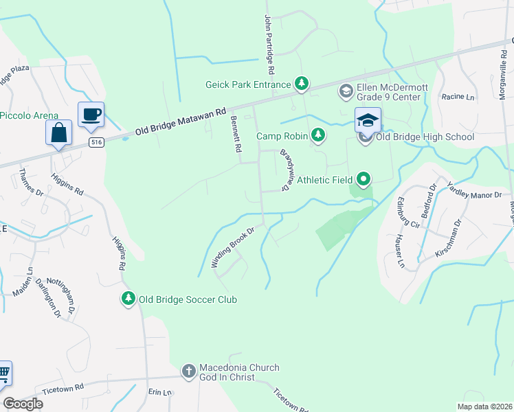 map of restaurants, bars, coffee shops, grocery stores, and more near 1 Kristen Court in Matawan