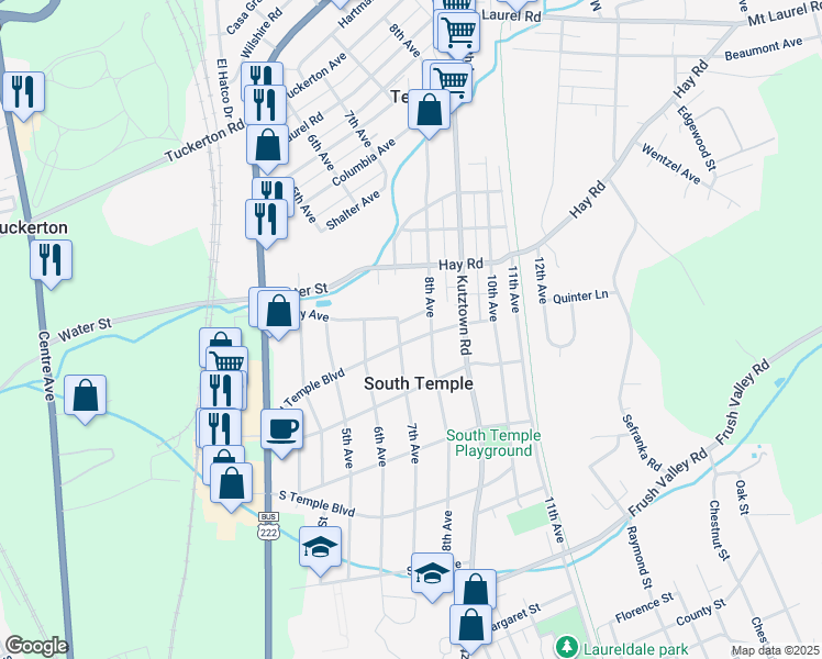 map of restaurants, bars, coffee shops, grocery stores, and more near 715 North Temple Boulevard in Temple