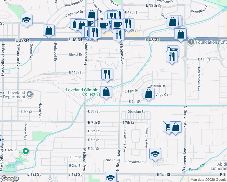 map of restaurants, bars, coffee shops, grocery stores, and more near 1510 East 11th Street in Loveland