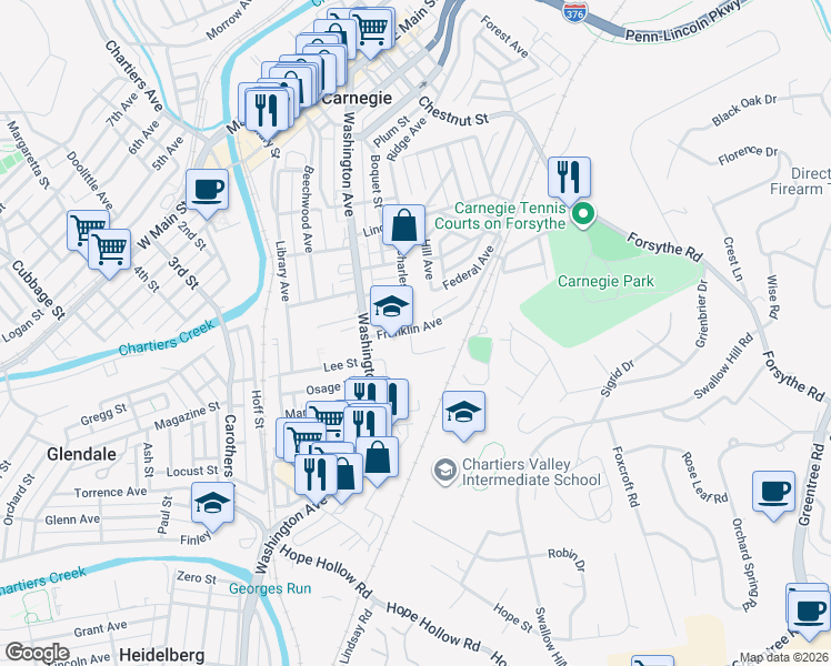 map of restaurants, bars, coffee shops, grocery stores, and more near 401 Franklin Avenue in Carnegie