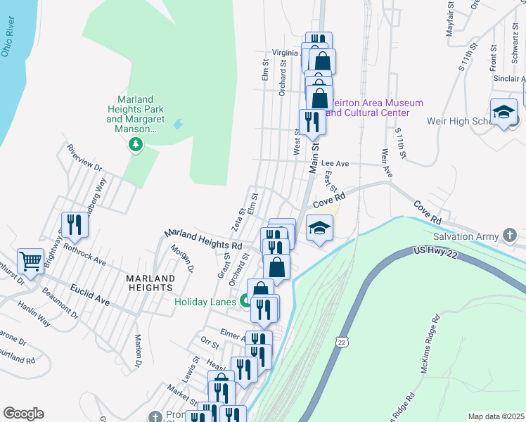 map of restaurants, bars, coffee shops, grocery stores, and more near 3435 Orchard Street in Weirton