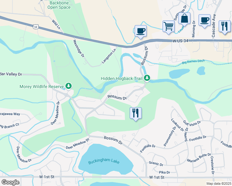 map of restaurants, bars, coffee shops, grocery stores, and more near 873 Rossum Drive in Loveland