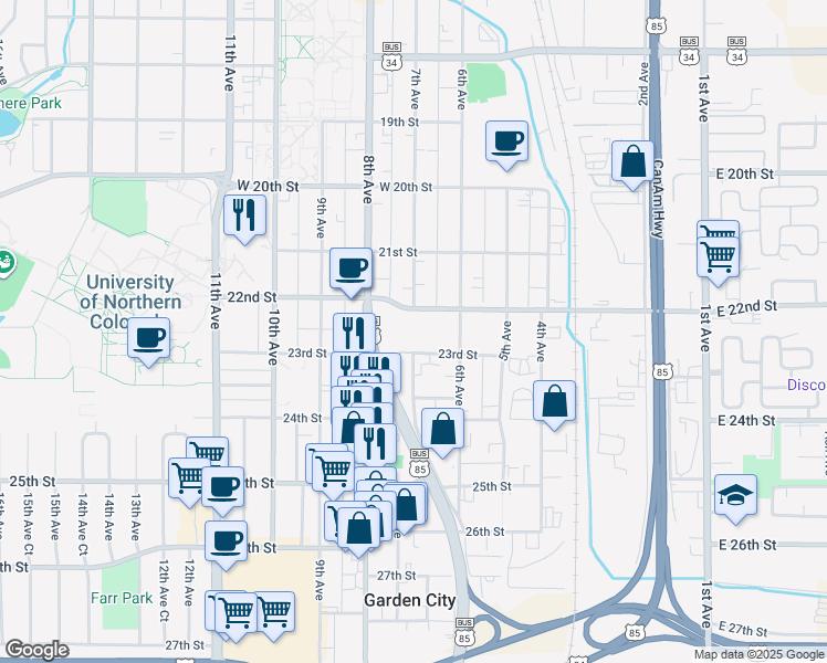 map of restaurants, bars, coffee shops, grocery stores, and more near in Greeley
