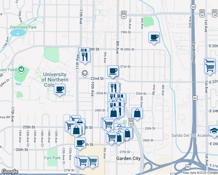 map of restaurants, bars, coffee shops, grocery stores, and more near 2204 9th Avenue in Greeley