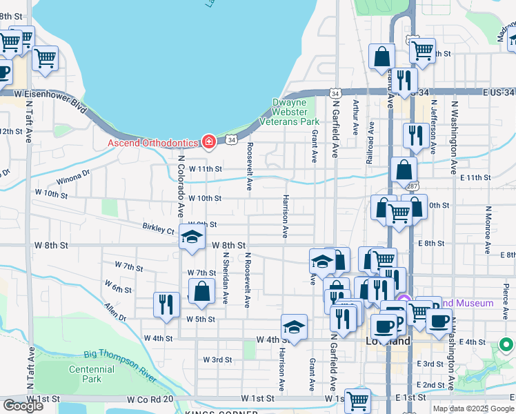 map of restaurants, bars, coffee shops, grocery stores, and more near 439 West 10th Street in Loveland