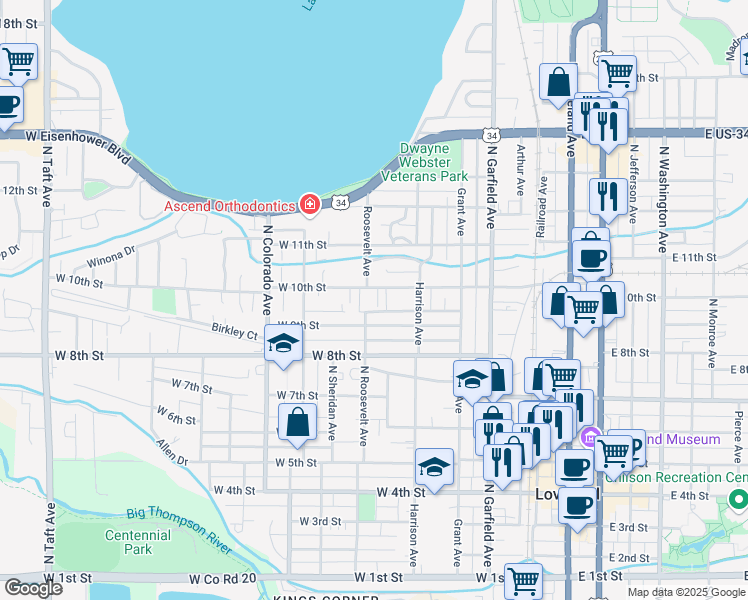map of restaurants, bars, coffee shops, grocery stores, and more near 439 West 10th Street in Loveland