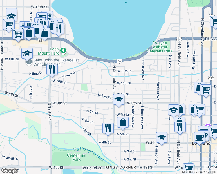 map of restaurants, bars, coffee shops, grocery stores, and more near 833 West 10th Street in Loveland