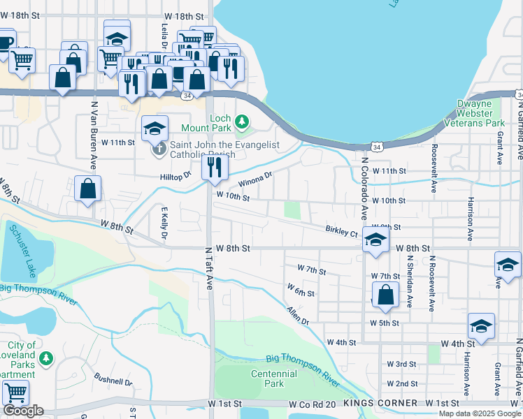 map of restaurants, bars, coffee shops, grocery stores, and more near 1004 Timpke Court in Loveland