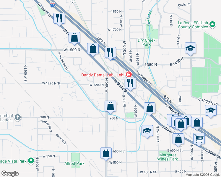map of restaurants, bars, coffee shops, grocery stores, and more near 1220 North 500 West Street in Lehi