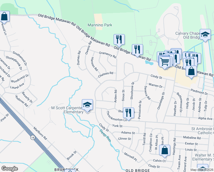 map of restaurants, bars, coffee shops, grocery stores, and more near 315 Cindy Street in Old Bridge