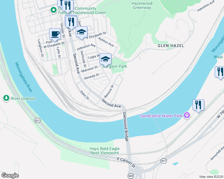 map of restaurants, bars, coffee shops, grocery stores, and more near 82 Cust Street in Pittsburgh