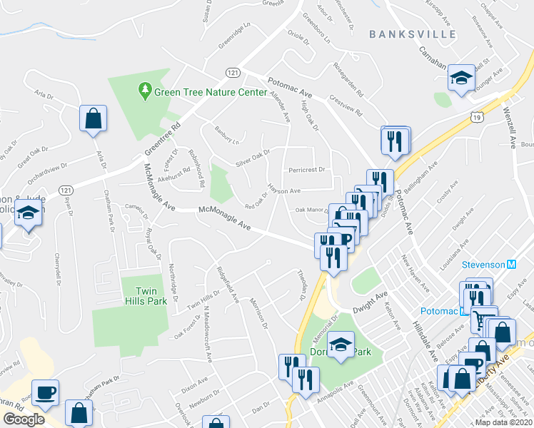 map of restaurants, bars, coffee shops, grocery stores, and more near 2430 Red Oak Drive in Pittsburgh