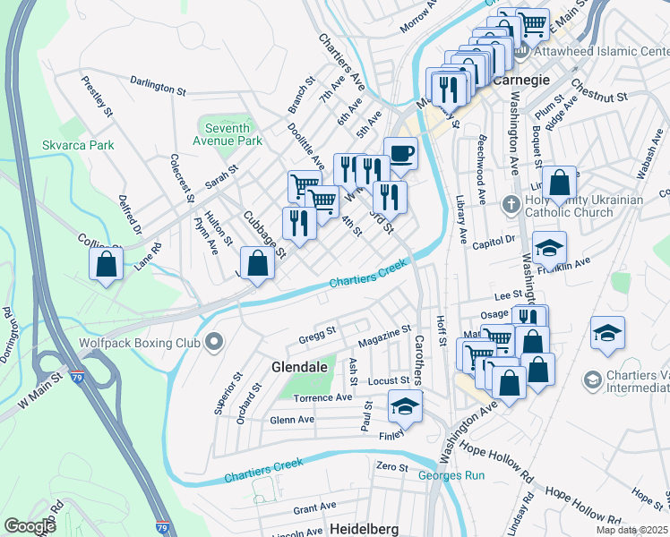 map of restaurants, bars, coffee shops, grocery stores, and more near 433 3rd Avenue in Carnegie