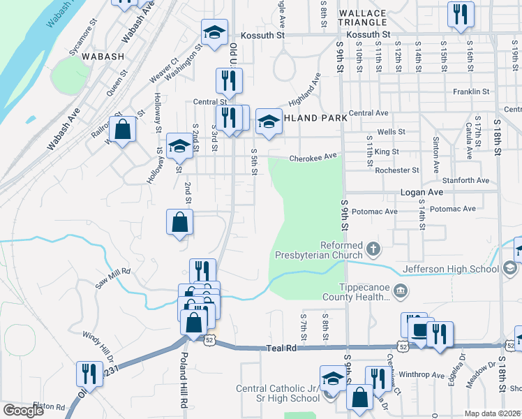 map of restaurants, bars, coffee shops, grocery stores, and more near 1422 South 5th Street in Lafayette