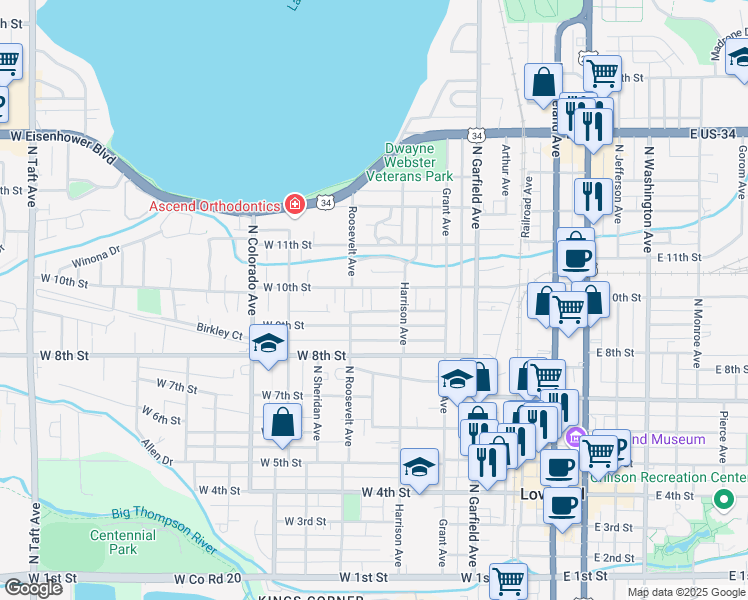 map of restaurants, bars, coffee shops, grocery stores, and more near 430 West 10th Street in Loveland