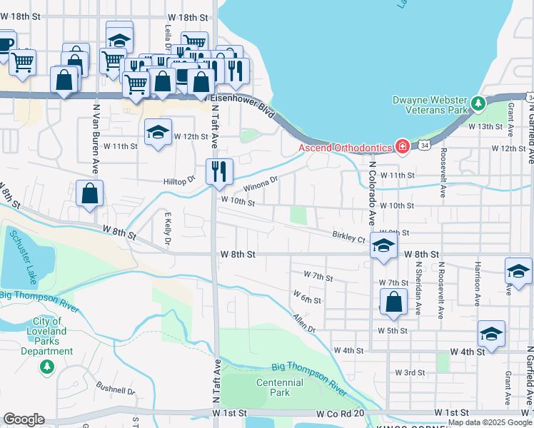 map of restaurants, bars, coffee shops, grocery stores, and more near 903 Hersinger Place in Loveland