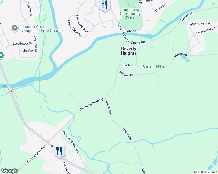 map of restaurants, bars, coffee shops, grocery stores, and more near 469 South Lancaster Street in Lebanon