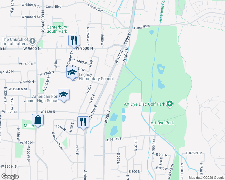 map of restaurants, bars, coffee shops, grocery stores, and more near 1309 North 200 East in American Fork