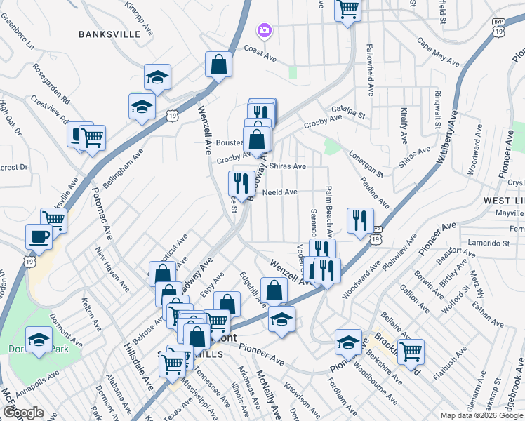 map of restaurants, bars, coffee shops, grocery stores, and more near 2302 Los Angeles Avenue in Pittsburgh