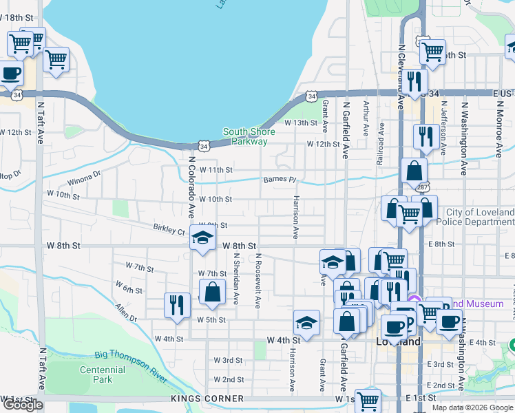map of restaurants, bars, coffee shops, grocery stores, and more near 639 West 10th Street in Loveland