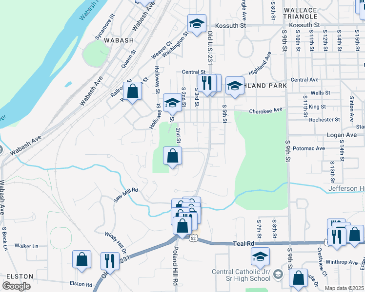 map of restaurants, bars, coffee shops, grocery stores, and more near 1503 South 2nd Street in Lafayette
