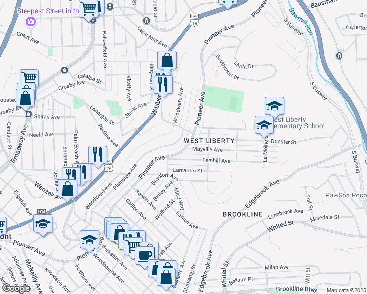 map of restaurants, bars, coffee shops, grocery stores, and more near 2030 Pioneer Avenue in Pittsburgh