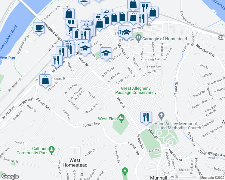 map of restaurants, bars, coffee shops, grocery stores, and more near West Street in Homestead