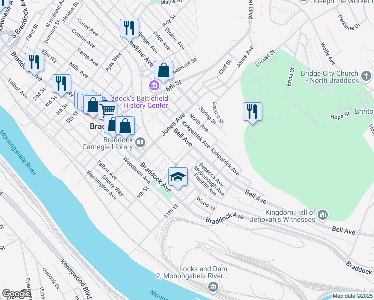 map of restaurants, bars, coffee shops, grocery stores, and more near 565 Verona Street in Braddock