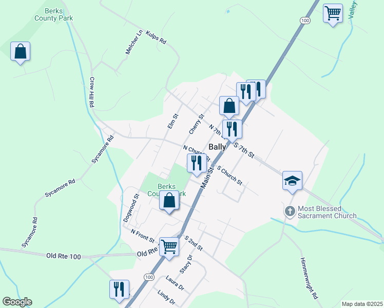 map of restaurants, bars, coffee shops, grocery stores, and more near 118 North Church Street in Bally