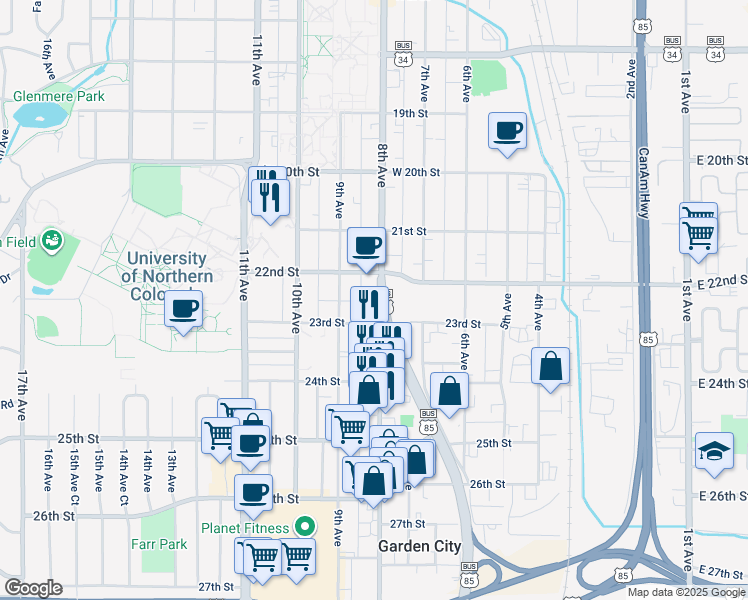 map of restaurants, bars, coffee shops, grocery stores, and more near 2201 8th Avenue in Greeley