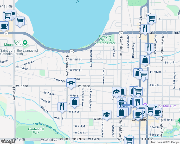 map of restaurants, bars, coffee shops, grocery stores, and more near 639 West 10th Street in Loveland