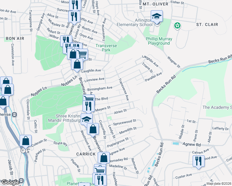 map of restaurants, bars, coffee shops, grocery stores, and more near 238 Birmingham Avenue in Pittsburgh
