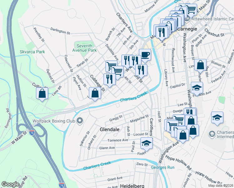 map of restaurants, bars, coffee shops, grocery stores, and more near 433 3rd Avenue in Carnegie