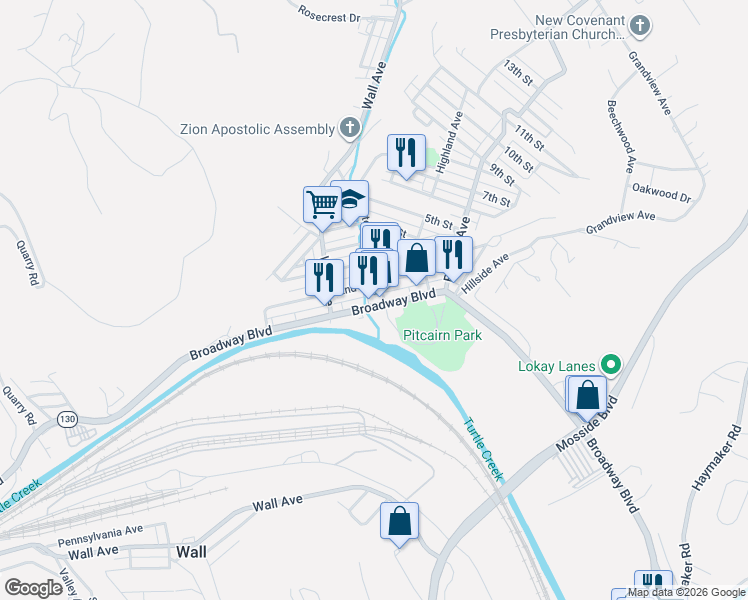 map of restaurants, bars, coffee shops, grocery stores, and more near 454 2nd Street in Pitcairn