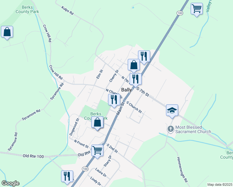 map of restaurants, bars, coffee shops, grocery stores, and more near 103 North Church Street in Bally