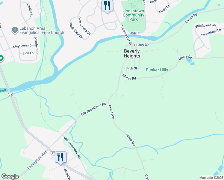 map of restaurants, bars, coffee shops, grocery stores, and more near 469 South Lancaster Street in Lebanon