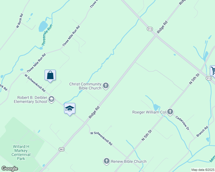 map of restaurants, bars, coffee shops, grocery stores, and more near 1900 North Ridge Road in Perkasie