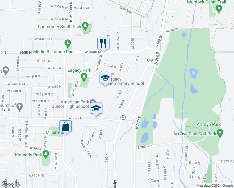 map of restaurants, bars, coffee shops, grocery stores, and more near 66 East 1300 North Street in American Fork