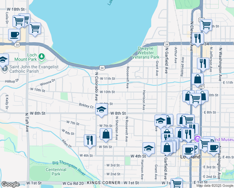 map of restaurants, bars, coffee shops, grocery stores, and more near 650 West 10th Street in Loveland