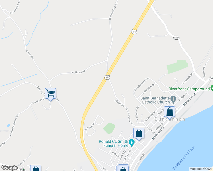 map of restaurants, bars, coffee shops, grocery stores, and more near 11 Pfautz Road in Duncannon