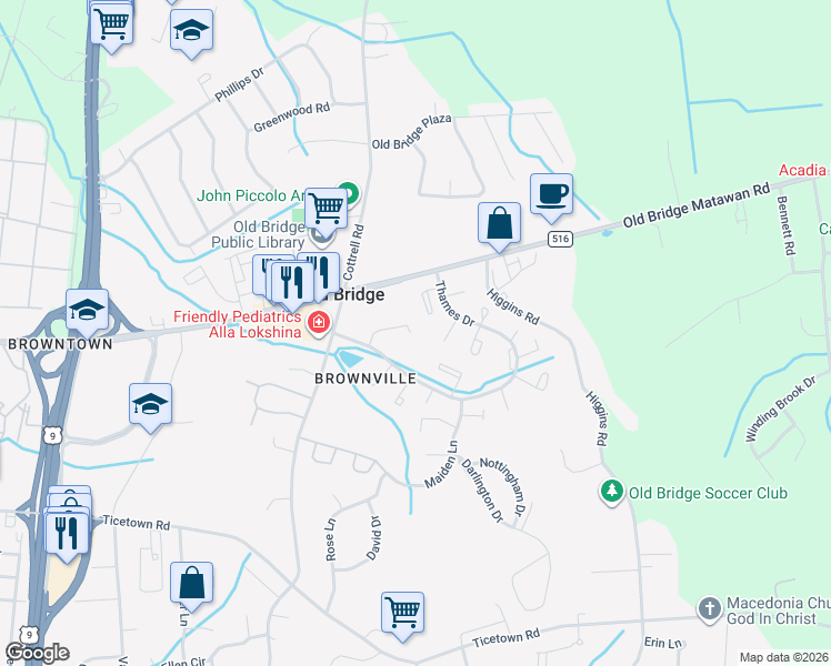 map of restaurants, bars, coffee shops, grocery stores, and more near 17 Excalibur Court in Old Bridge