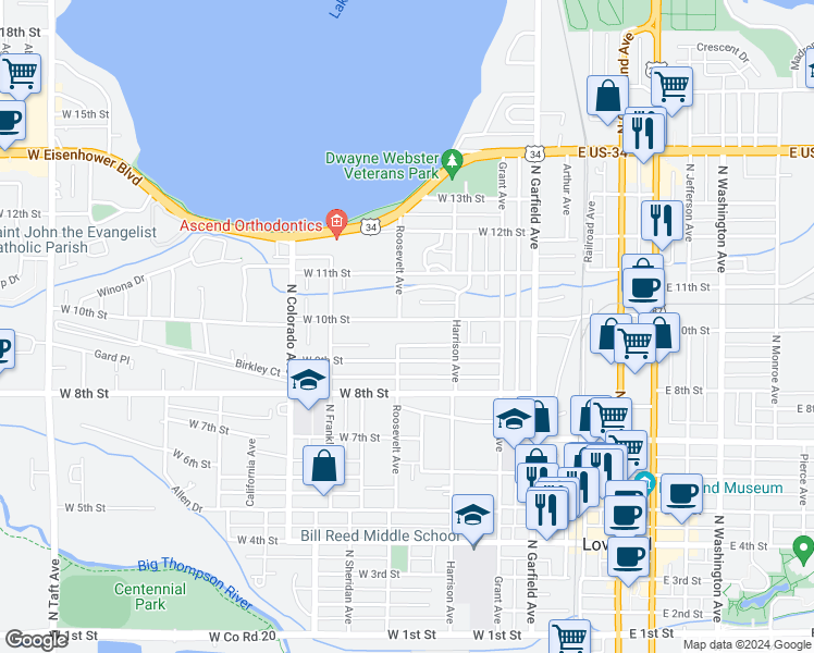 map of restaurants, bars, coffee shops, grocery stores, and more near 439 West 10th Street in Loveland