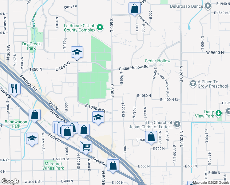 map of restaurants, bars, coffee shops, grocery stores, and more near 1201 North 600 East Street in Lehi