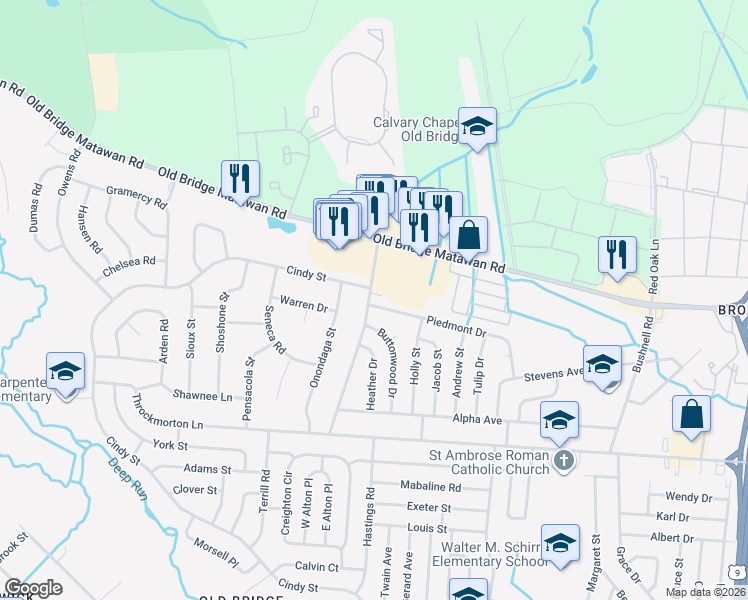 map of restaurants, bars, coffee shops, grocery stores, and more near 18 Gaub Road in Old Bridge
