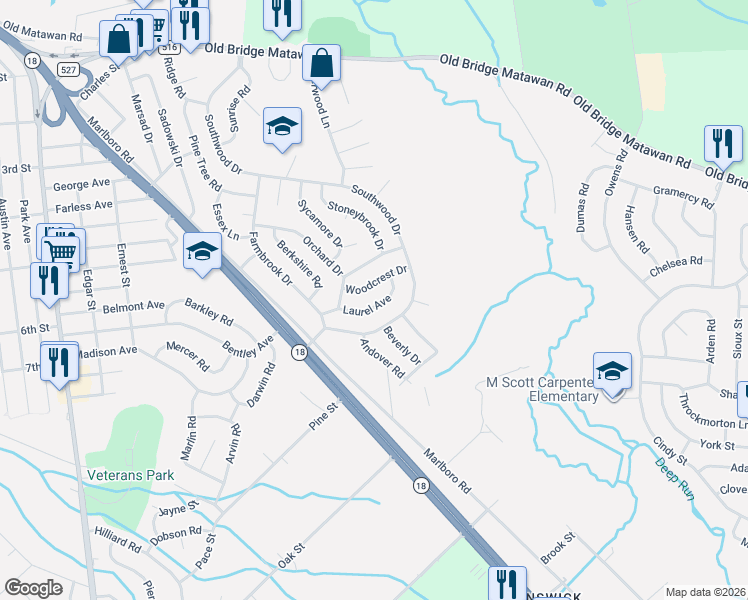 map of restaurants, bars, coffee shops, grocery stores, and more near 15 Woodcrest Drive in Old Bridge