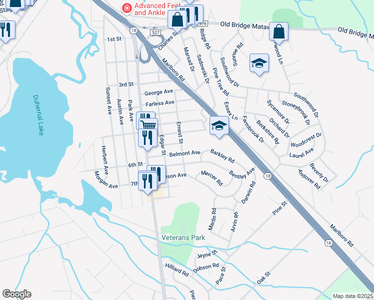 map of restaurants, bars, coffee shops, grocery stores, and more near 70 Gordon Avenue in Old Bridge