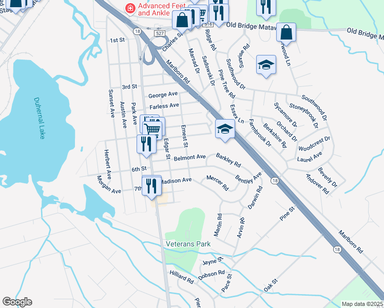 map of restaurants, bars, coffee shops, grocery stores, and more near 70 Gordon Avenue in Old Bridge