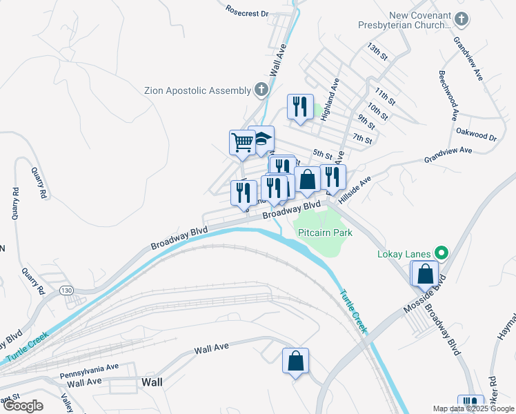 map of restaurants, bars, coffee shops, grocery stores, and more near 454 2nd Street in Pitcairn