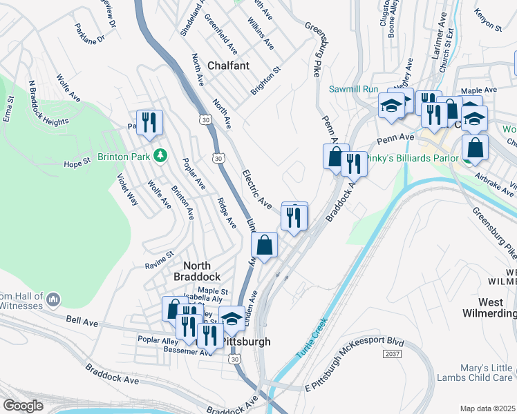 map of restaurants, bars, coffee shops, grocery stores, and more near 1584 Electric Avenue in East Pittsburgh